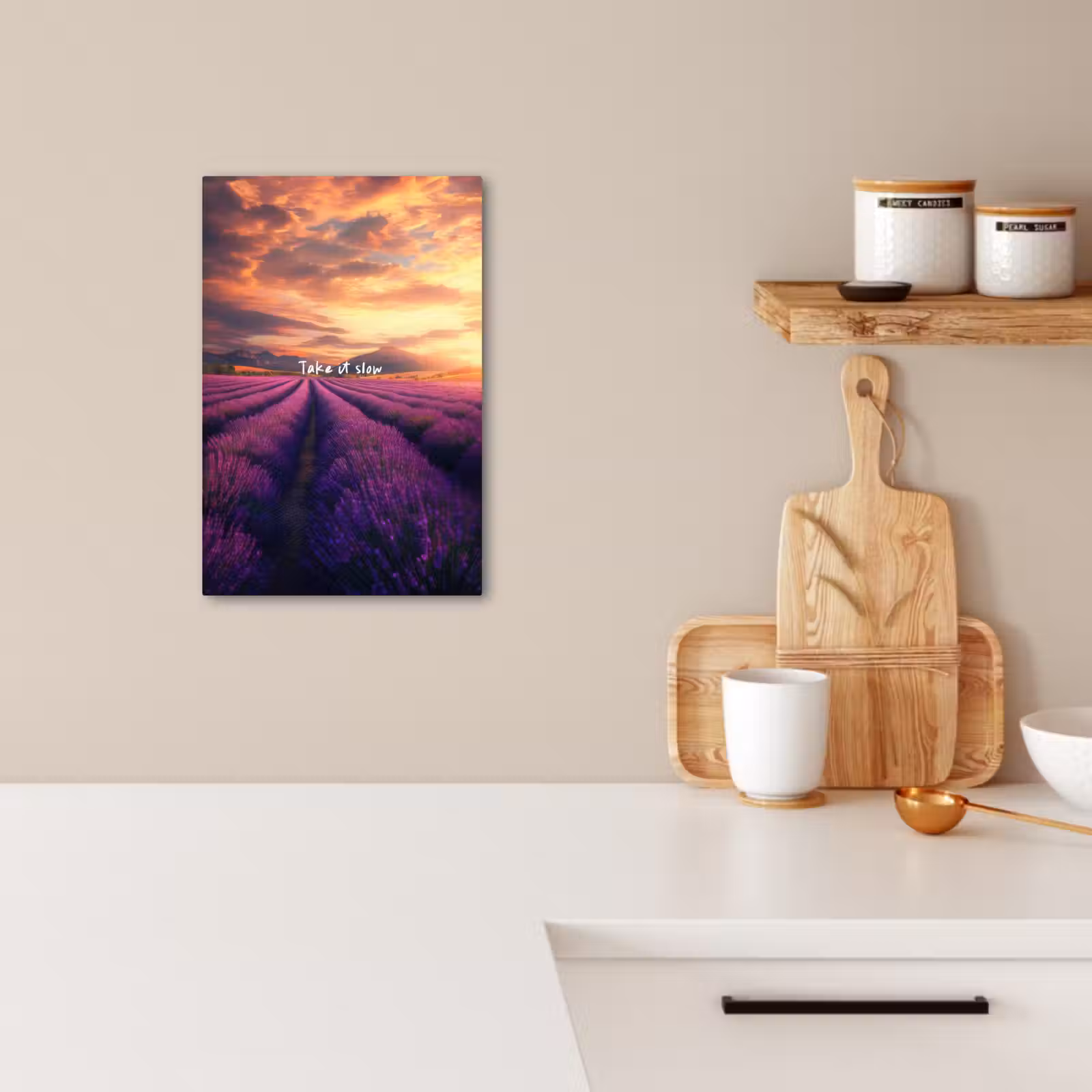 Lienzos decorativos - Campo de lavanda - Cita - Puesta de sol — 1