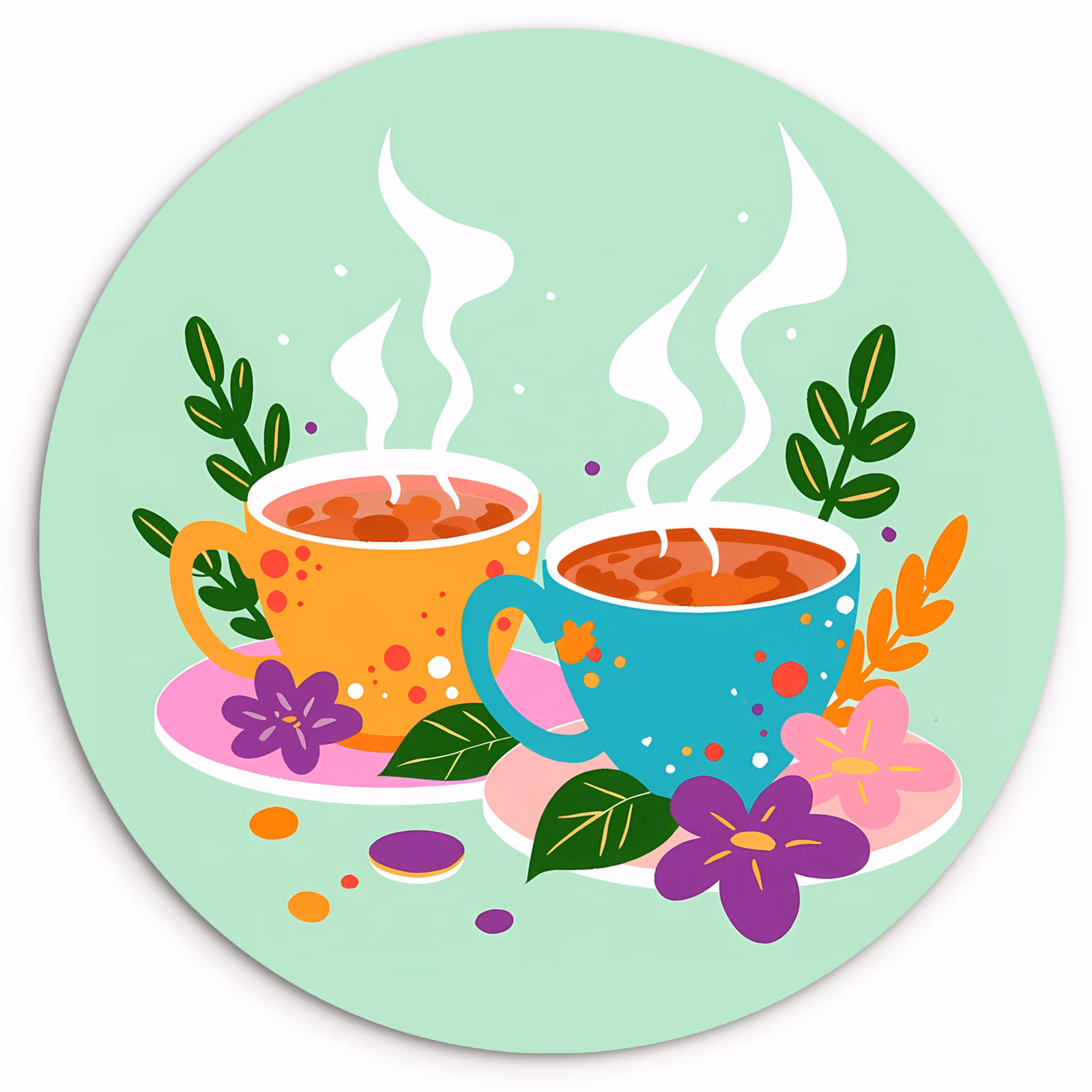 Cuadro redondo - Té - Ilustración - Tazas - Flores — 1