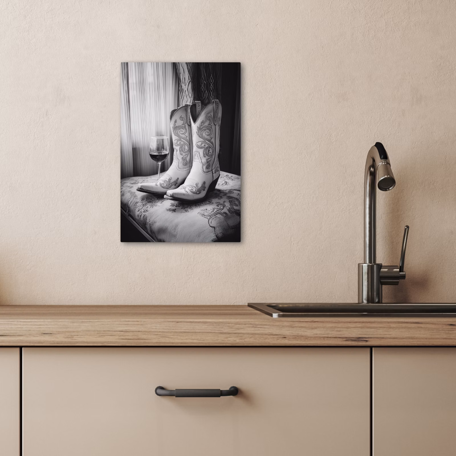 Lienzos decorativos - Vino - Botas vaqueras - Luz de ventana - Blanco — 1