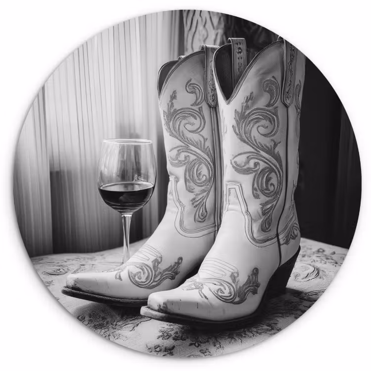 Cuadro redondo - Vino - Botas vaqueras - Luz de ventana - Blanco — 3