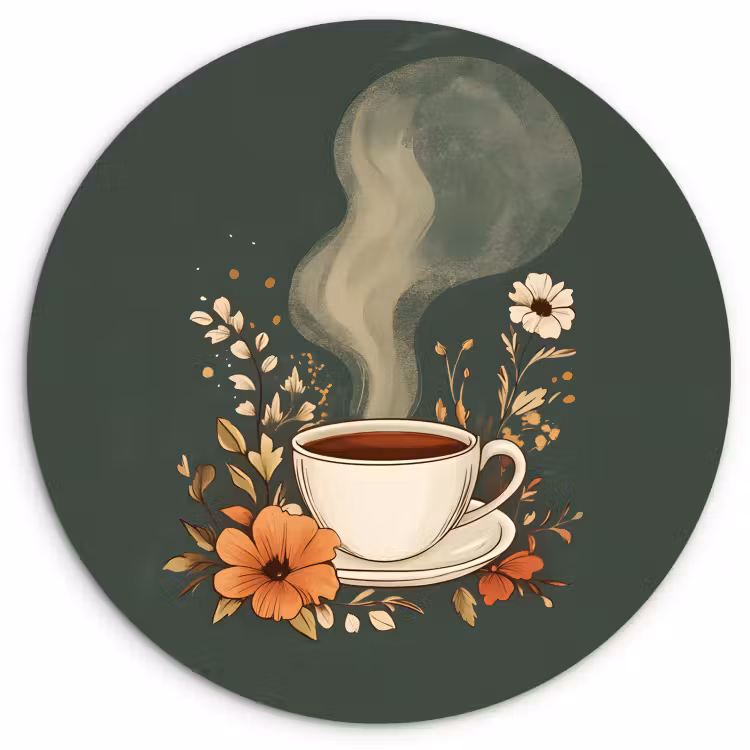 Cuadro redondo - Taza - Flores - Verde - Café — 1