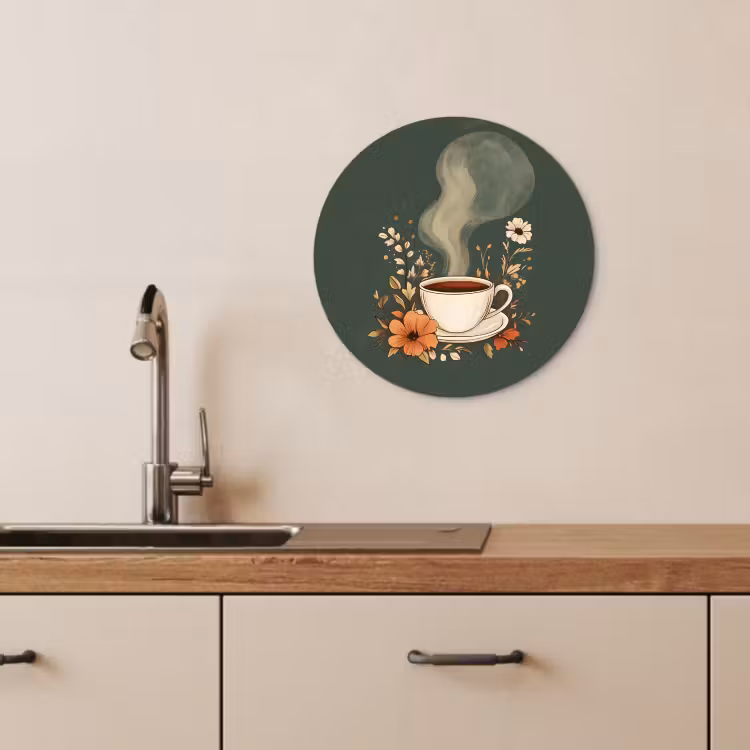 Cuadro redondo - Taza - Flores - Verde - Café — 2