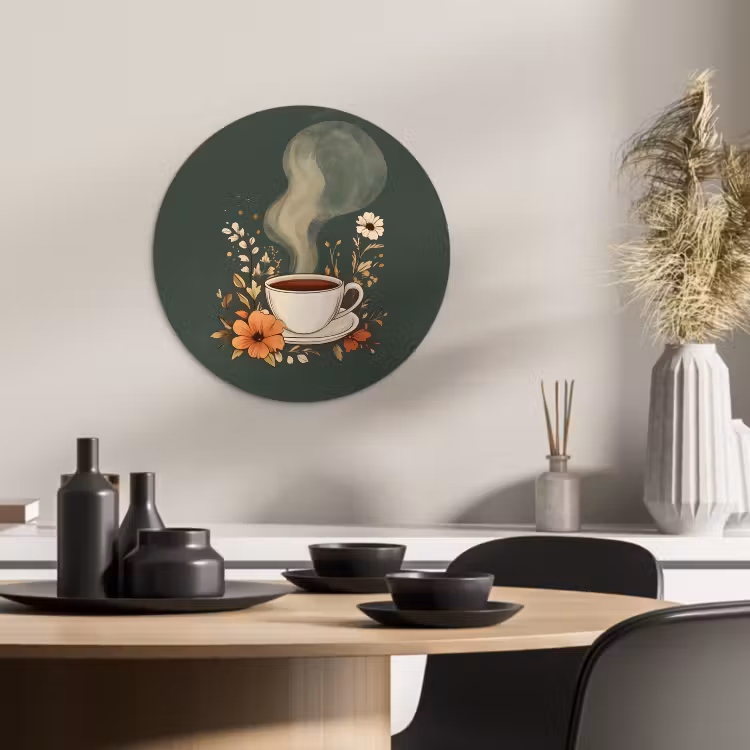 Cuadro redondo - Taza - Flores - Verde - Café — 4