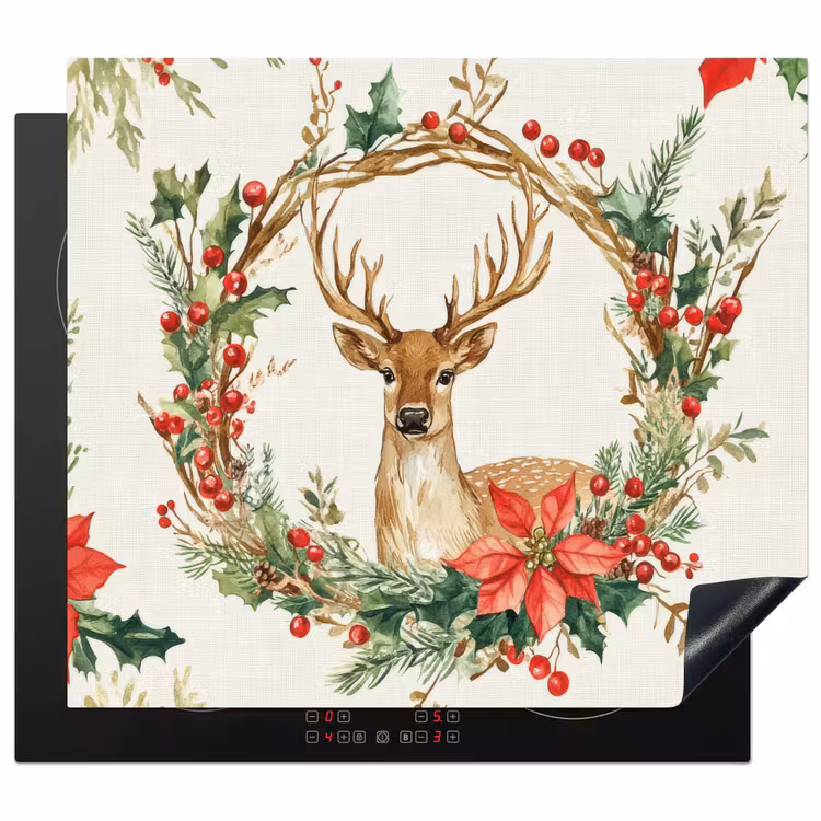 Protector de inducción - Corona de Navidad - Ciervo - Acebo - Rojo — 1