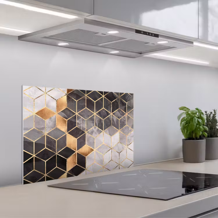 Salpicaderos de cocina - Abstracto - Cubo - Oro - Patrones - Negro - Blanco — 1