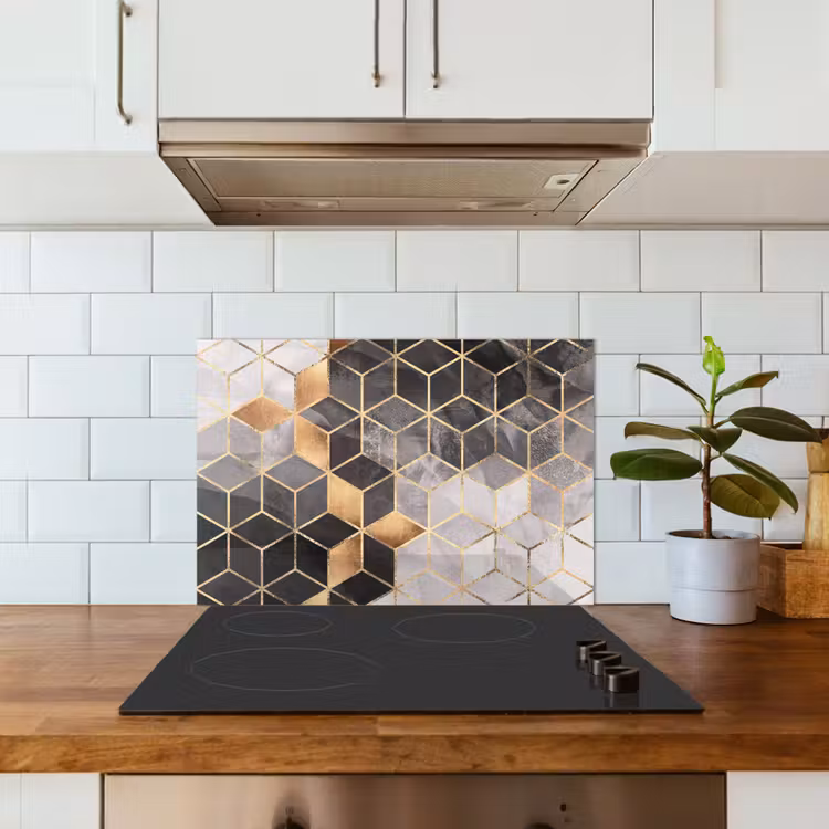 Salpicaderos de cocina - Abstracto - Cubo - Oro - Patrones - Negro - Blanco — 3
