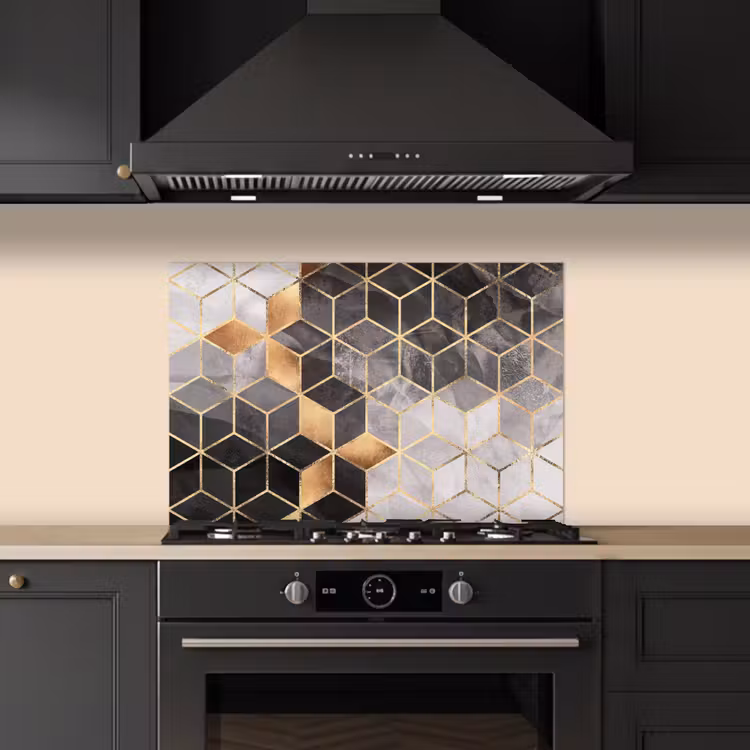 Salpicaderos de cocina - Abstracto - Cubo - Oro - Patrones - Negro - Blanco — 5
