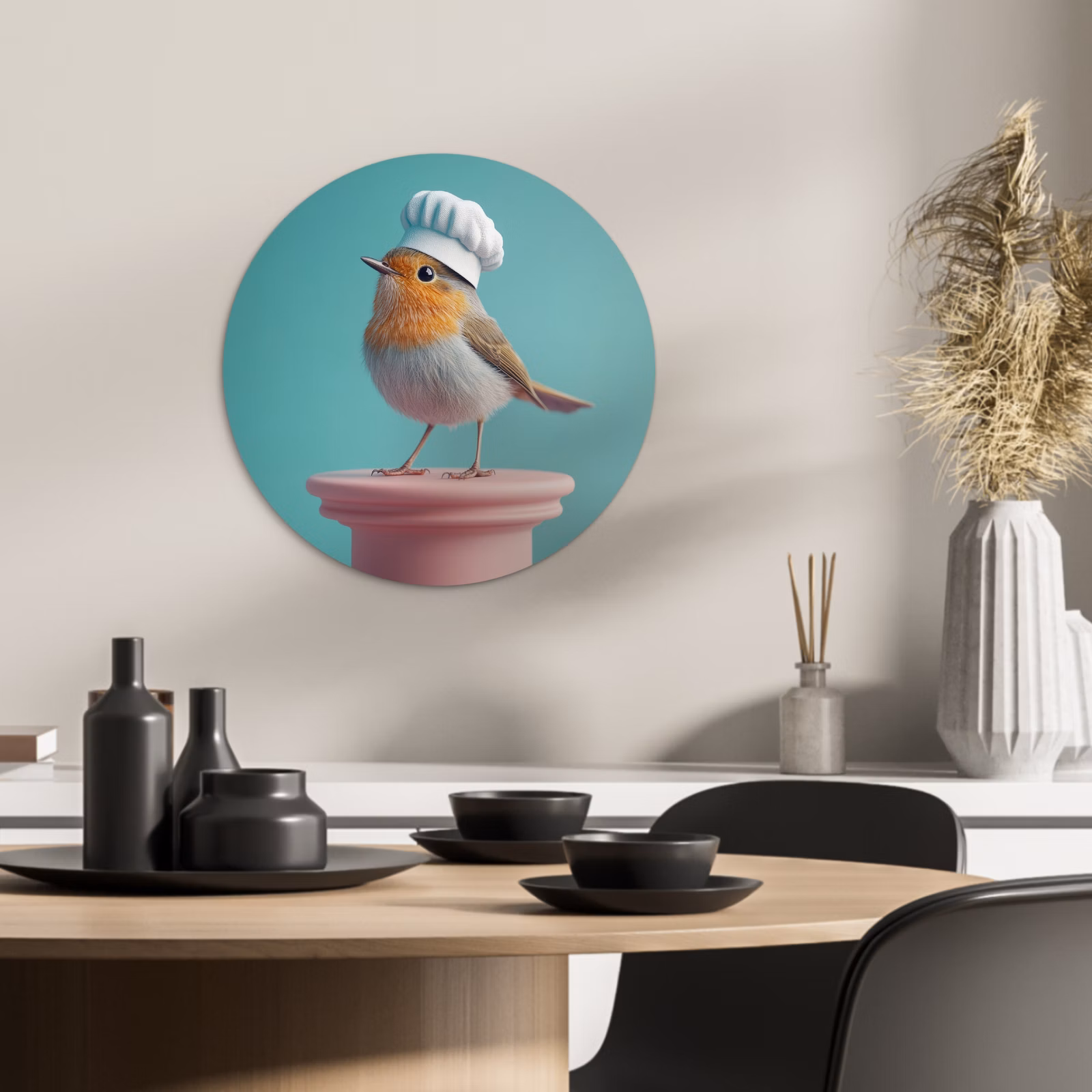 Cuadro redondo - Robin - Pájaro - Gorro de cocinero - Pedestal — 1