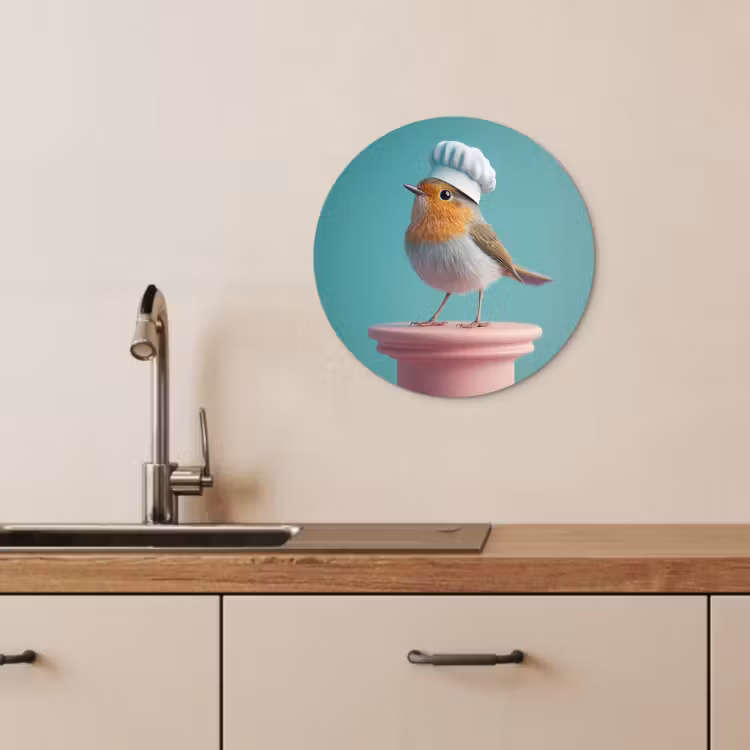Cuadro redondo - Robin - Pájaro - Gorro de cocinero - Pedestal — 3