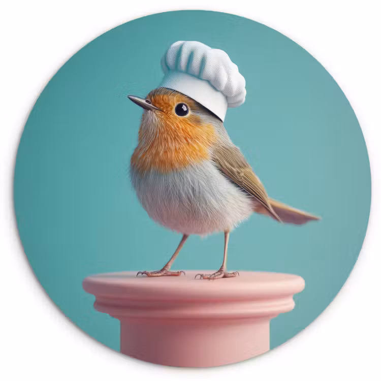 Cuadro redondo - Robin - Pájaro - Gorro de cocinero - Pedestal — 4