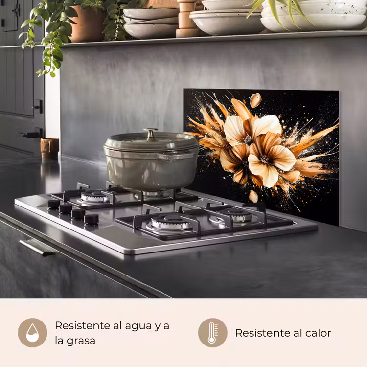 Salpicaderos de cocina - Flores - Oro - Graffiti - Negro - Abstracto — 2