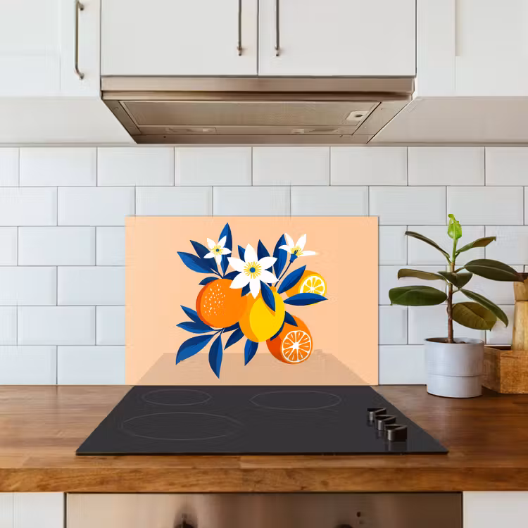 Salpicaderos de cocina - Ilustración - Naranjas - Azul oscuro - Flores — 3