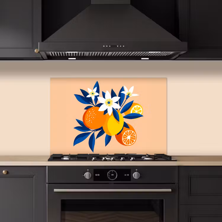 Salpicaderos de cocina - Ilustración - Naranjas - Azul oscuro - Flores — 5