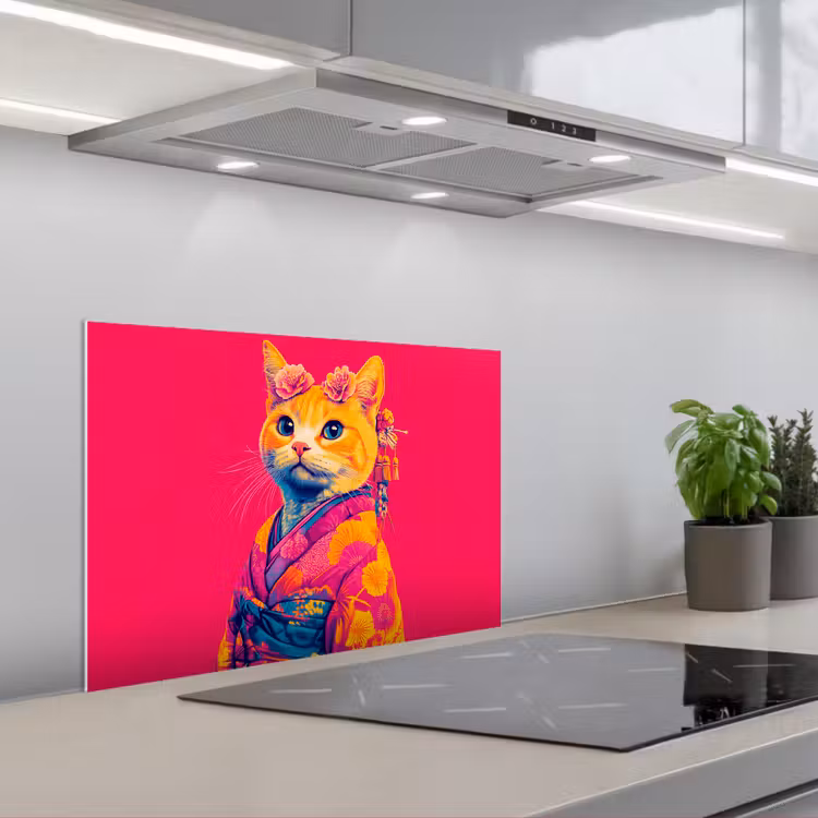 Salpicaderos de cocina - Gato - Kimono - Flores - Rosa — 1