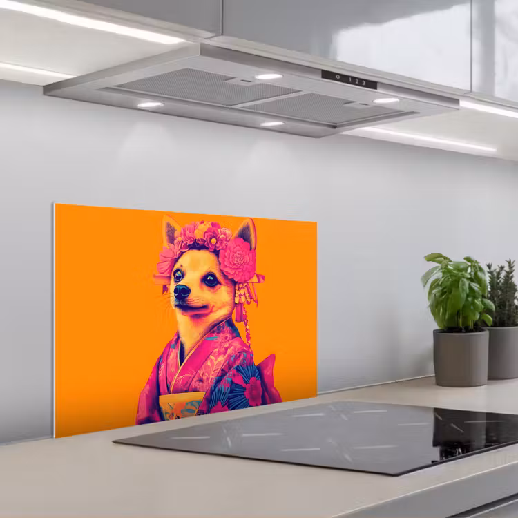 Salpicaderos de cocina - Kimono - Perrito - Corona de flores - Naranja — 1