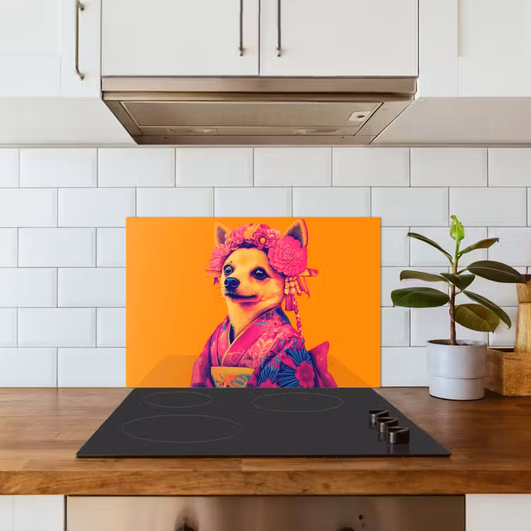 Salpicaderos de cocina - Kimono - Perrito - Corona de flores - Naranja — 3