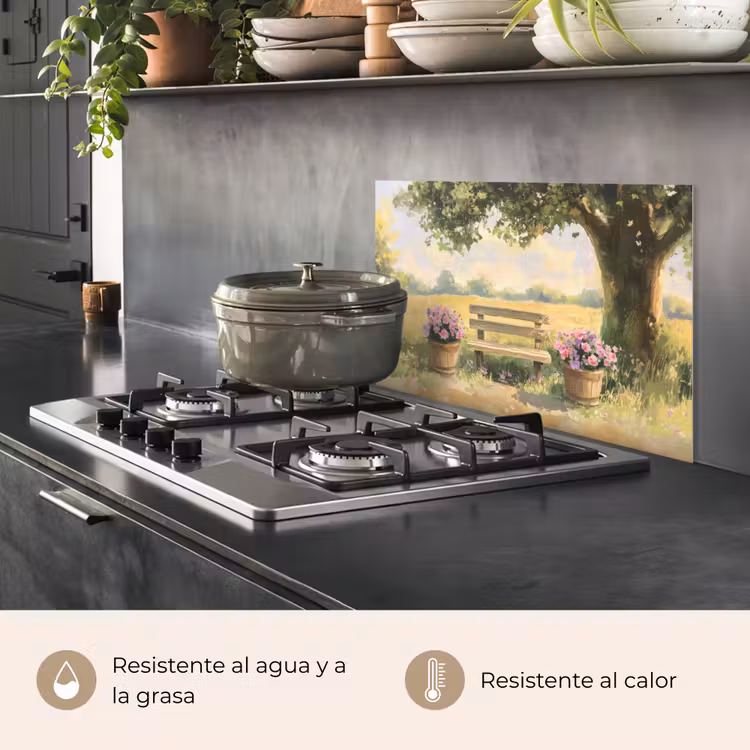 Salpicaderos de cocina - Banco de madera - Macetas - Paisaje — 2