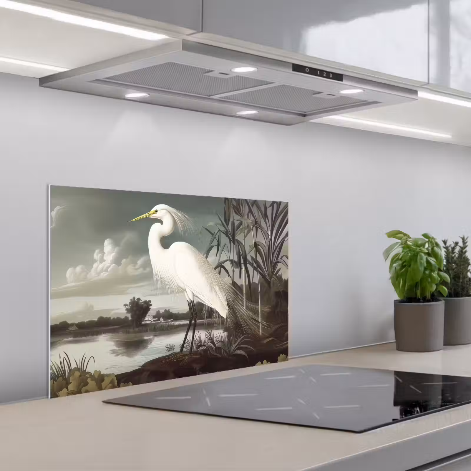 Salpicaderos de cocina - Garza - Plantas - Nubes - Blanco — 1
