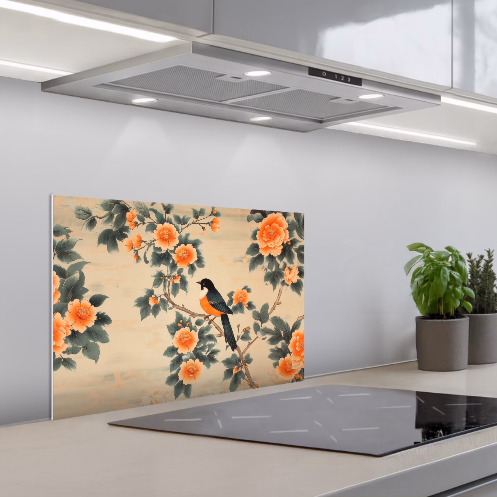Salpicaderos de cocina - Pájaro - Rama - Flores - Naranja — 1