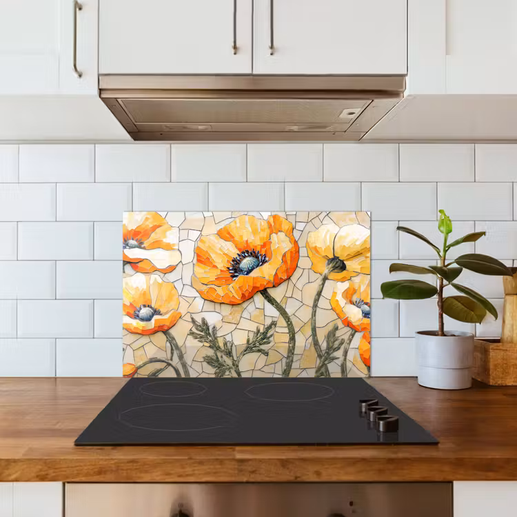 Salpicaderos de cocina - Amapolas - Naranja - Mosaico - Hojas — 3