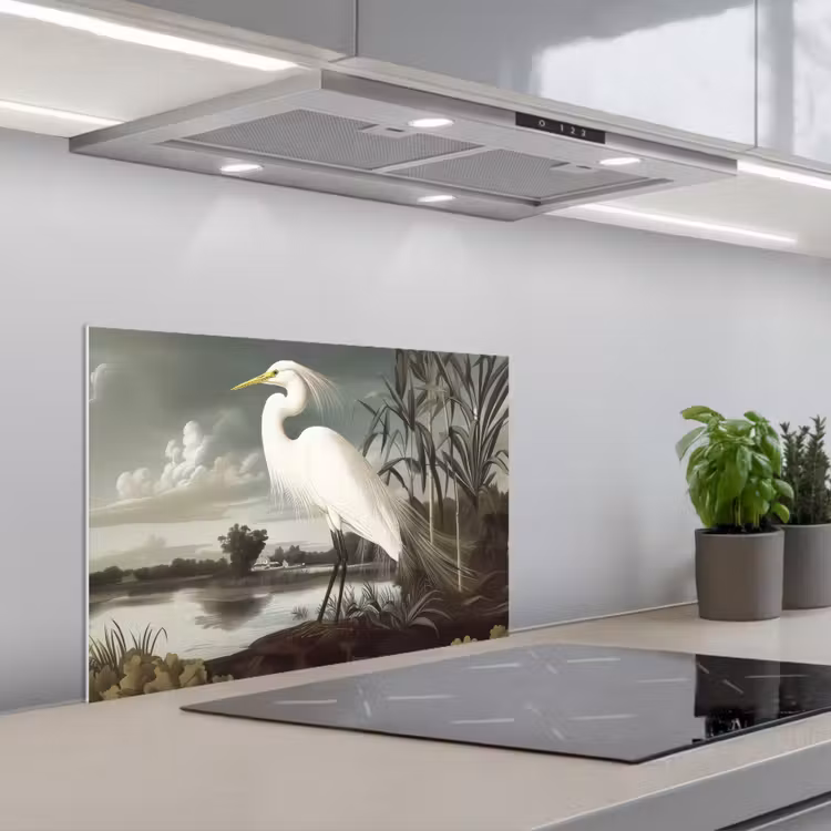 Salpicaderos de cocina - Garza - Plantas - Nubes - Blanco — 1