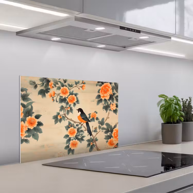 Salpicaderos de cocina - Pájaro - Rama - Flores - Naranja — 1