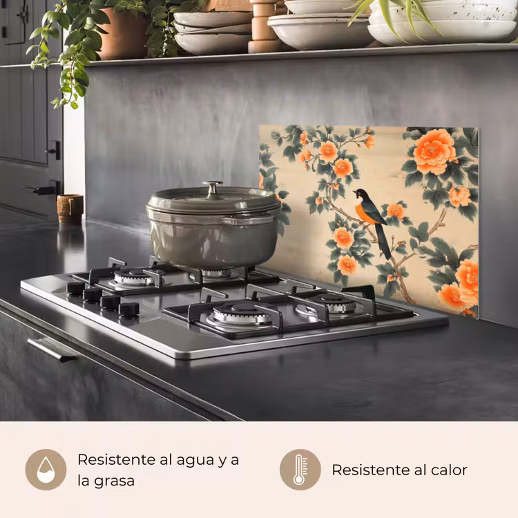 Salpicaderos de cocina - Pájaro - Rama - Flores - Naranja — 2