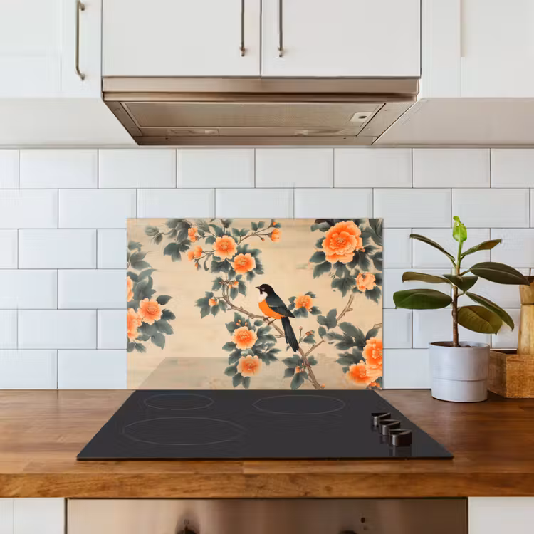 Salpicaderos de cocina - Pájaro - Rama - Flores - Naranja — 3