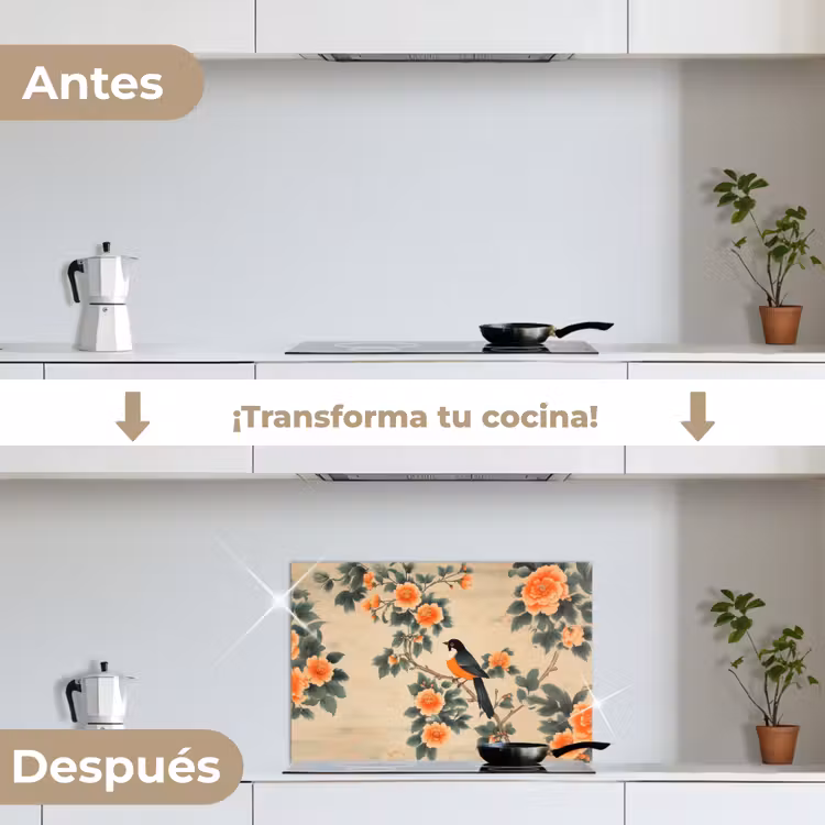 Salpicaderos de cocina - Pájaro - Rama - Flores - Naranja — 7