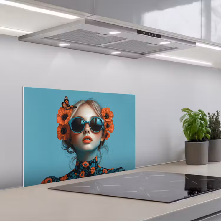 Salpicaderos de cocina - Mujer - Azul - Mariposa - Floral - Estética — 1