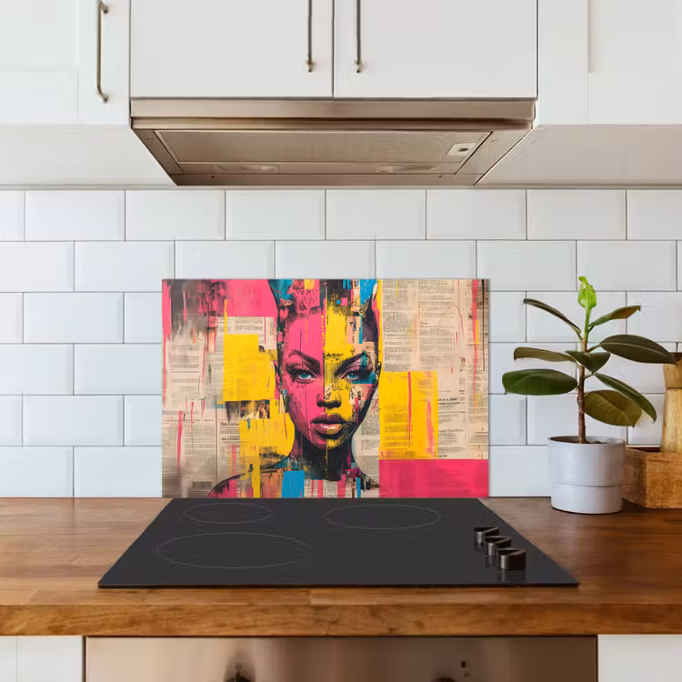 Salpicaderos de cocina - Cara de mujer - Papel de periódico - Abstracto - Rosa — 3