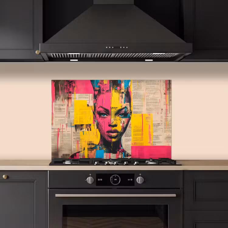 Salpicaderos de cocina - Cara de mujer - Papel de periódico - Abstracto - Rosa — 5