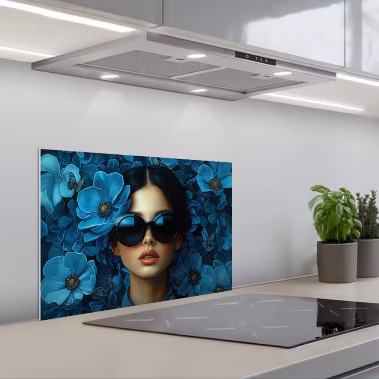 Salpicaderos de cocina - Mujer - Flores - Azul - Estética - Lujo — 1