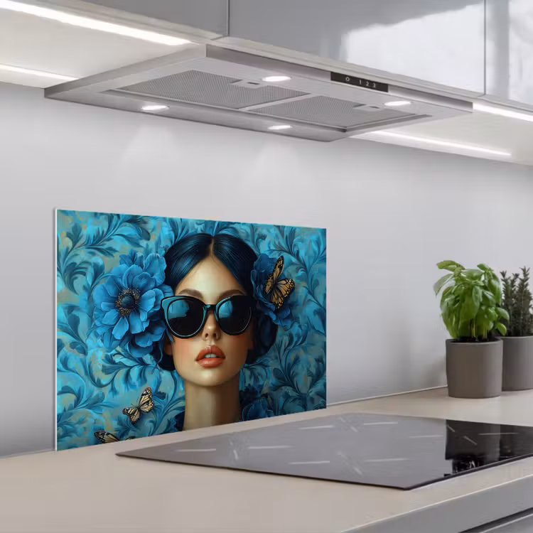 Salpicaderos de cocina - Mujer - Flores - Mariposas - Azul - Abstracto — 1
