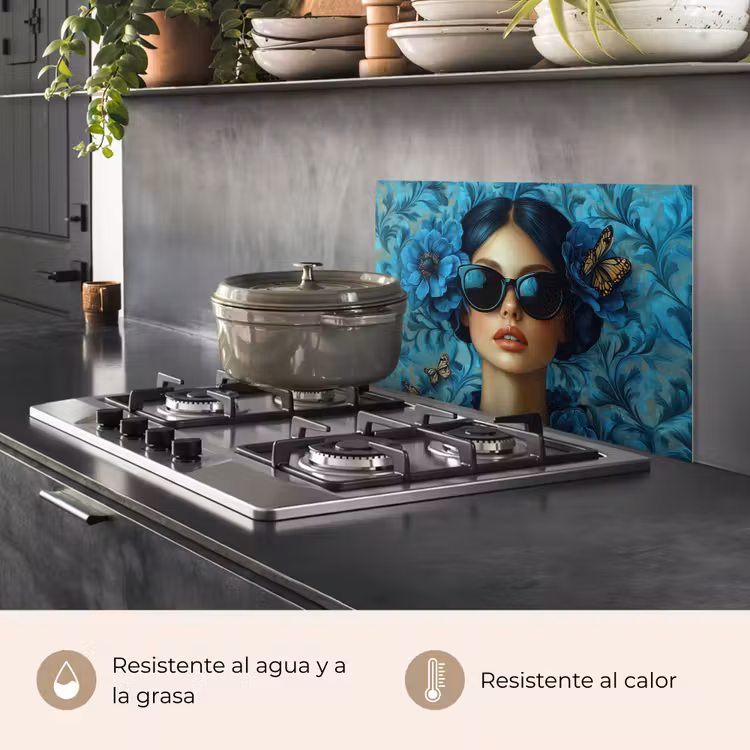 Salpicaderos de cocina - Mujer - Flores - Mariposas - Azul - Abstracto — 2