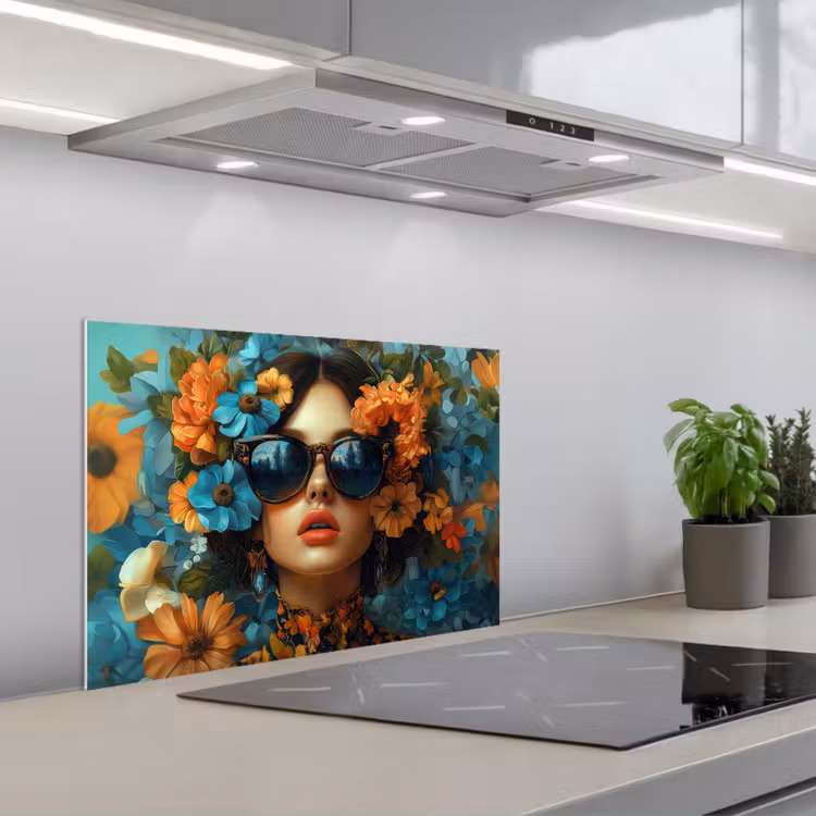 Salpicaderos de cocina - Mujer - Flores - Naranja - Azul - Moderno — 1