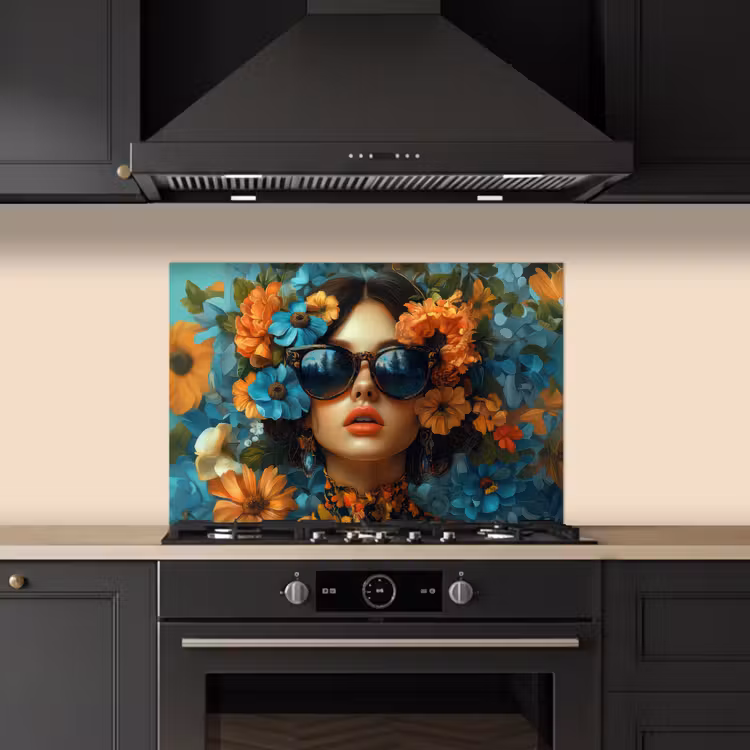 Salpicaderos de cocina - Mujer - Flores - Naranja - Azul - Moderno — 5