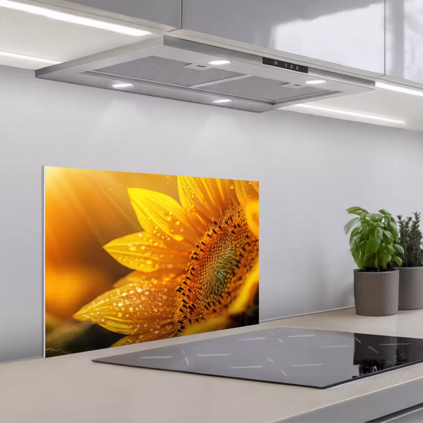 Salpicaderos de cocina - Girasol - Gotas de rocío - Amarillo - Luz solar — 1
