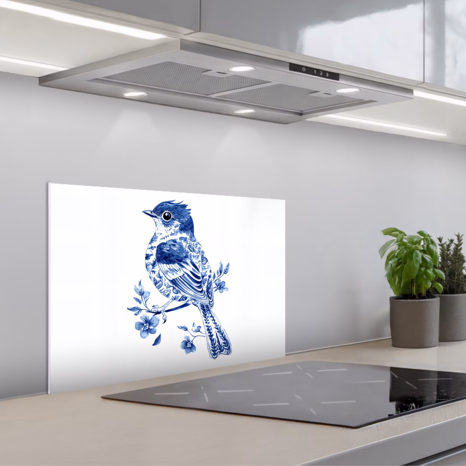 Salpicaderos de cocina - Pájaro - Azul de Delft - Ilustración - Flores — 1