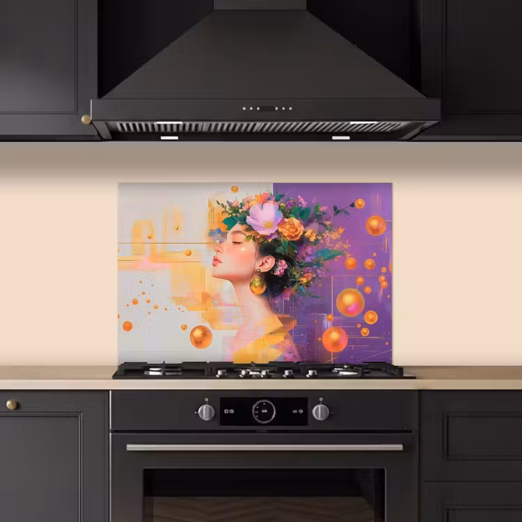 Salpicaderos de cocina - Abstracto - Mujer - Corona de flores - Oro — 5