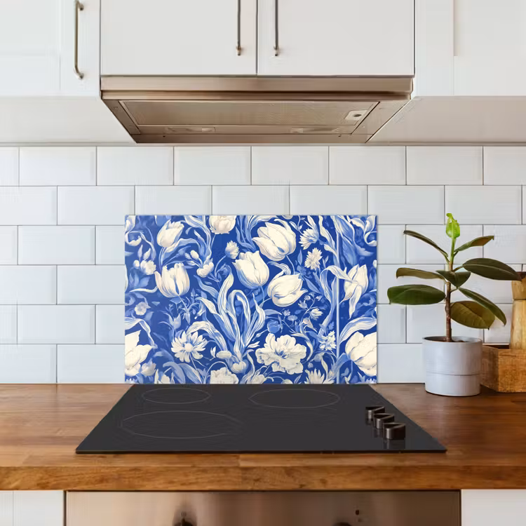 Salpicaderos de cocina - Flores - Azul de Delft - Patrón - Tulipán — 3