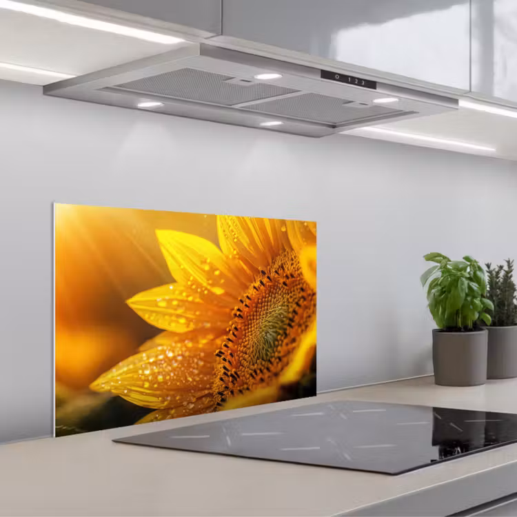 Salpicaderos de cocina - Girasol - Gotas de rocío - Amarillo - Luz solar — 1
