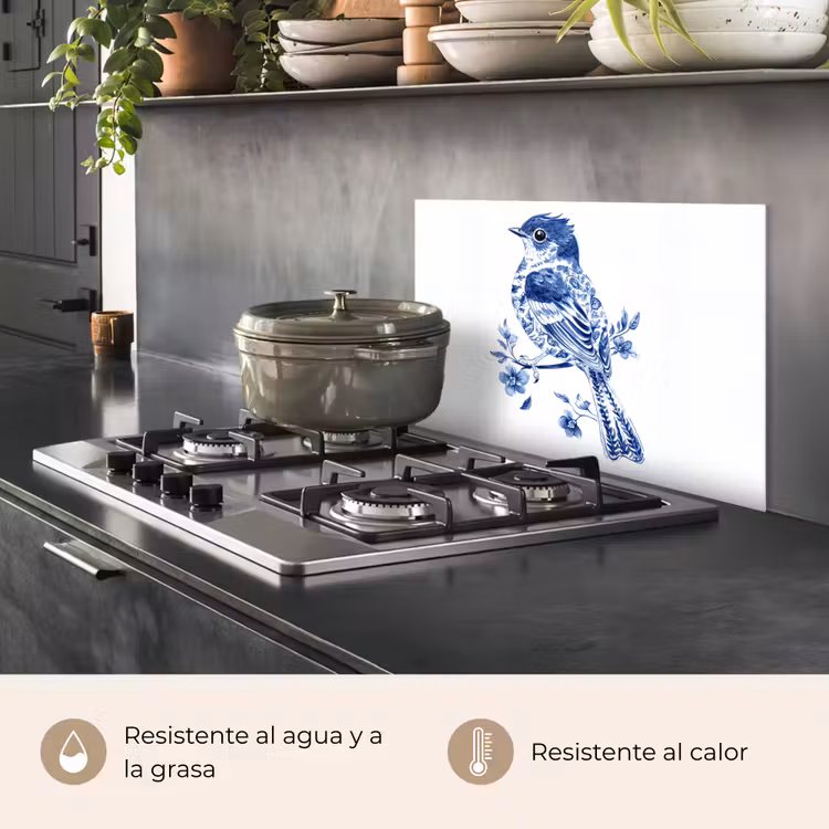 Salpicaderos de cocina - Pájaro - Azul de Delft - Ilustración - Flores — 2