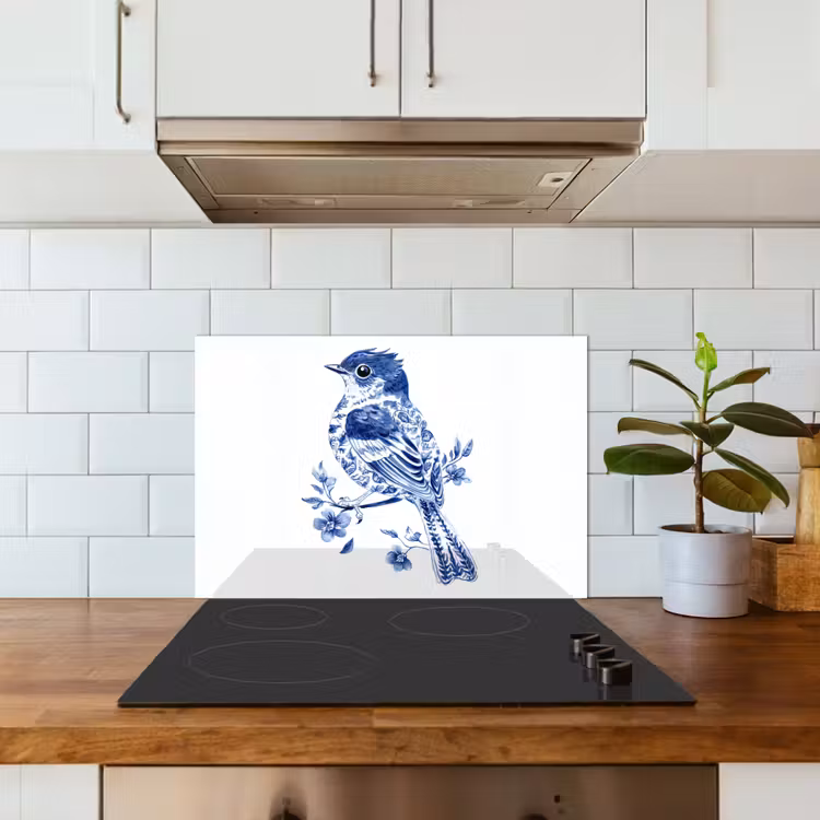Salpicaderos de cocina - Pájaro - Azul de Delft - Ilustración - Flores — 3