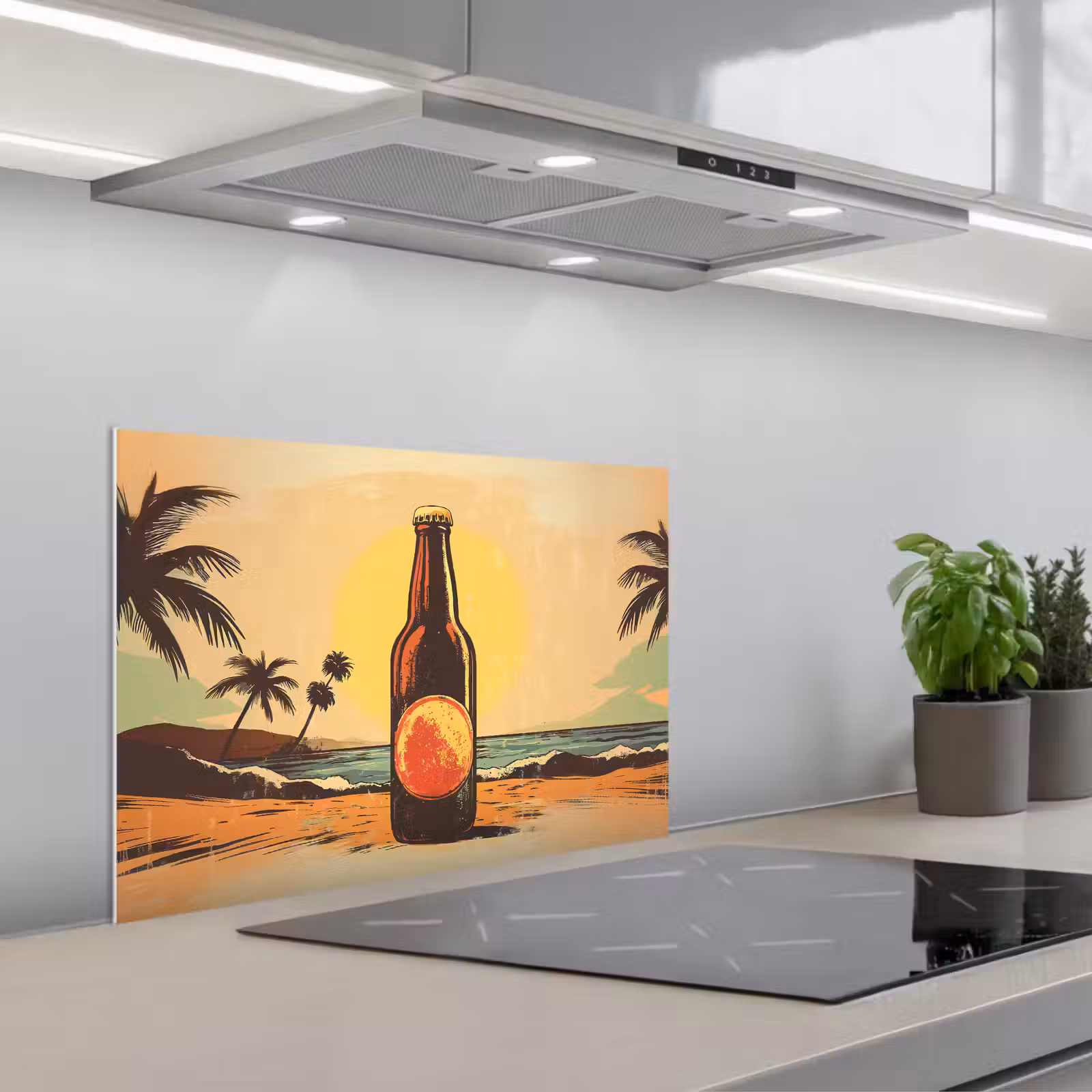 Salpicaderos de cocina - Botella de cerveza - Puesta de sol - Palmeras - Mar — 1