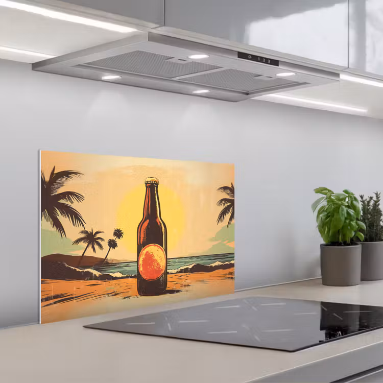 Salpicaderos de cocina - Botella de cerveza - Puesta de sol - Palmeras - Mar — 1