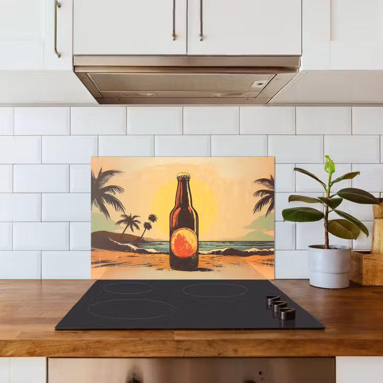 Salpicaderos de cocina - Botella de cerveza - Puesta de sol - Palmeras - Mar — 3
