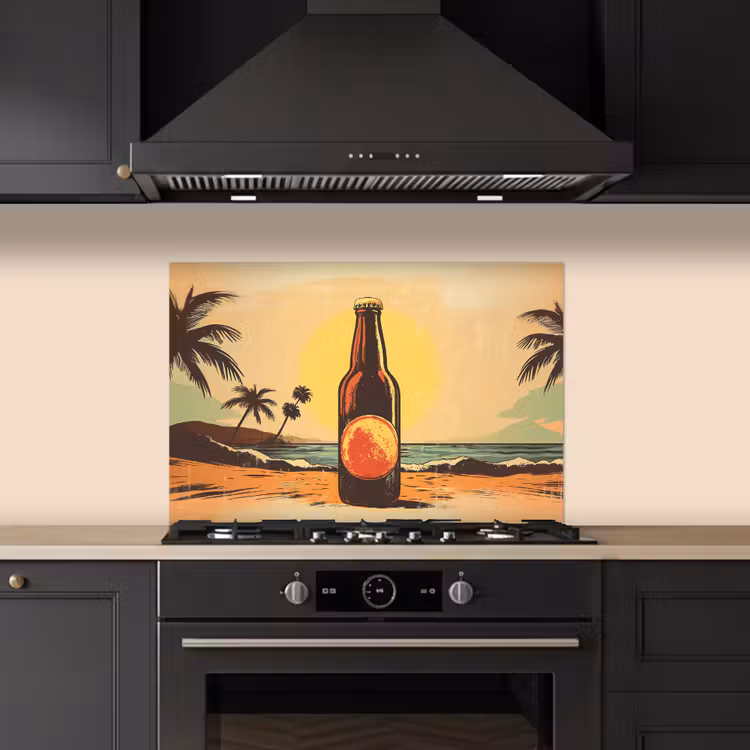Salpicaderos de cocina - Botella de cerveza - Puesta de sol - Palmeras - Mar — 5
