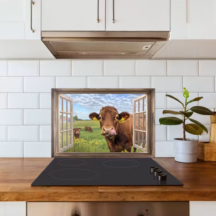 Salpicaderos de cocina - Mirar a través - Vaca - Pradera - Paisaje - Animales — 3
