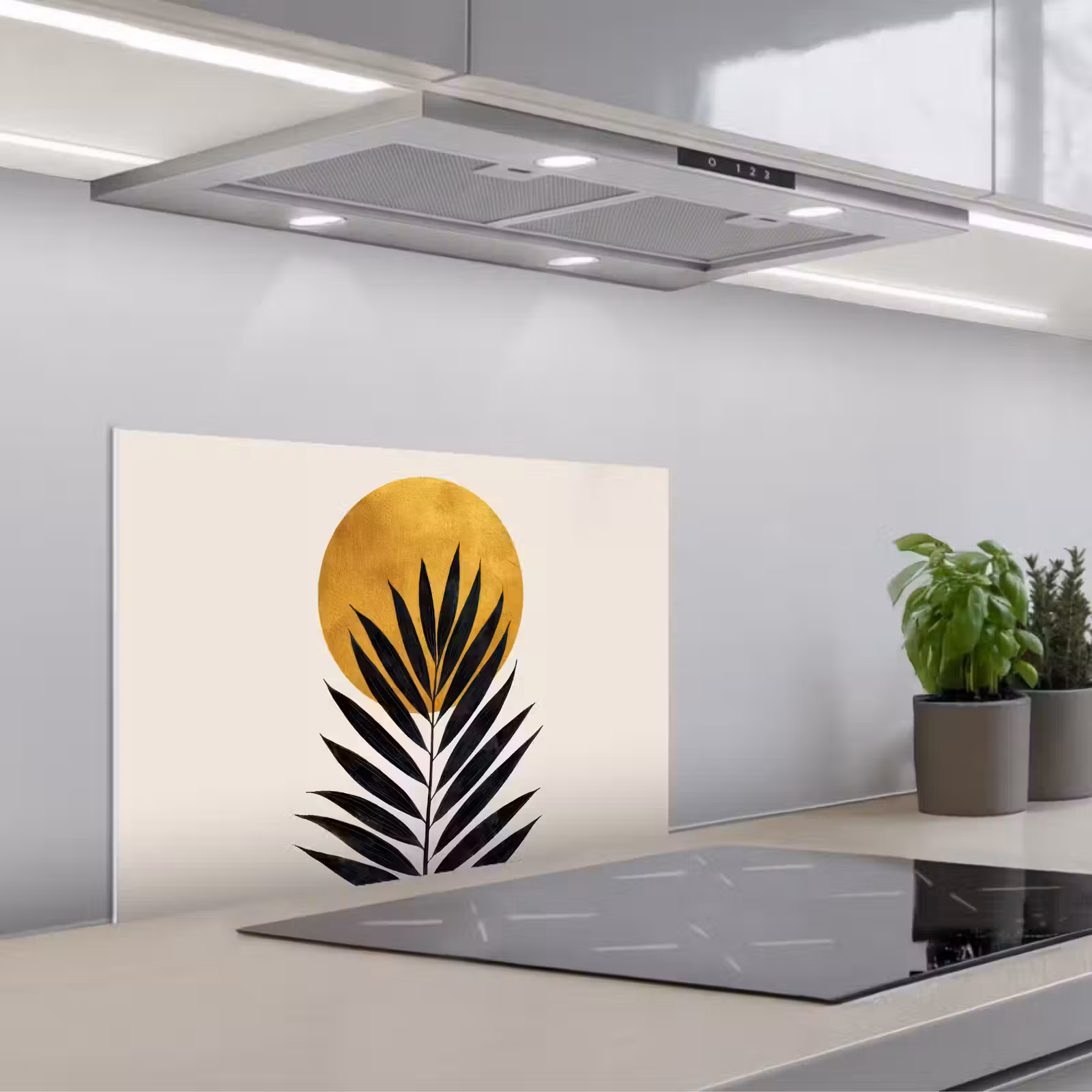 Salpicaderos de cocina - Hoja de palmera negra - Círculo dorado - Fondo beige — 1